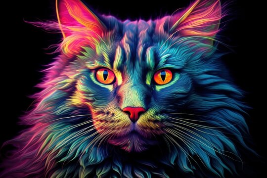 Colorful art - the head of a maine coon cat painted with spots splashes of paint