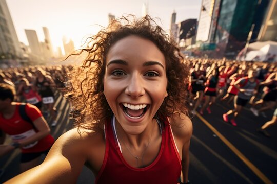 marathon runner takes a selfie while running