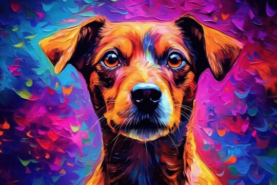 Multi coloured illustration art, the head of a jack russell terrier dog painted with with splashes and splatters of paint