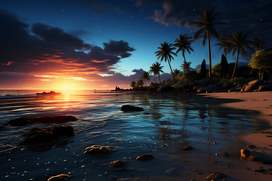 realistic image that captures the elegant charm of a glowing moon suspended low over a tranquil blue sea. AI generative