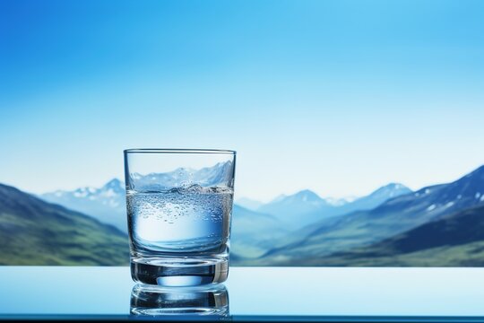 Glass of clean water on blue background with mountains. Background with copy space. 
