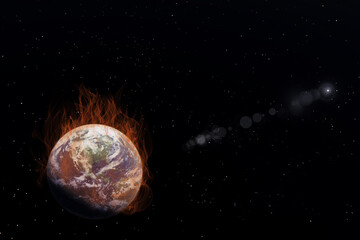Burning planet Earth on fire in open black space and the sun shining in the background. 3D Rendering Illustration Global Warming political concept idea in 8K resolution