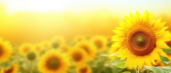 Fototapeta premium Sunflower on blurred sunny nature background. Horizontal agriculture summer banner with sunflowers field