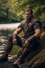 Fototapeta premium A Big Viking Resting near a Lake after Fighting.