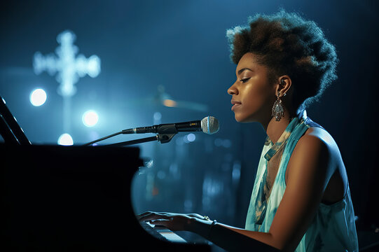 Melodic Mastery: A Captivating Afro Queen Sings and Plays the Piano with Soulful Brilliance, ai generative