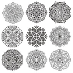 Set of mandalas for coloring book. Decorative round ornaments. Anti-stress therapy patterns. Illustration on transparent background
