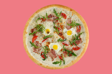 pizza with bacon, scrambled eggs, cheese and tomatoes on a red background, studio shot