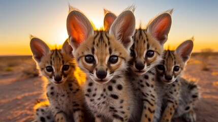 a group of young small teenage servals wild cats curiously looking straight into the camera, golden...