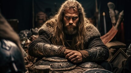 Fototapeta na wymiar Vikings, Beautiful Man dressed with Medieval Clothes, Long Hair.