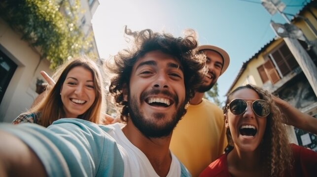 A group of young people friends of different nationalities taking selfies and smiling. Portrait, close-up. Group photo