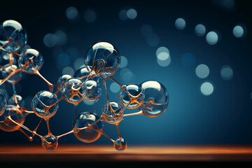 Horizontal banner with model of abstract molecular structure. Background of blue color with glass atom model. AI generative