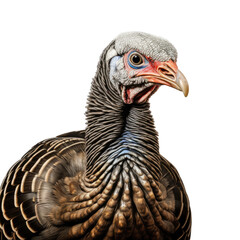 a wild turkey (Meleagris gallopavo), portrait, in a Wildlife-themed, photorealistic illustration in a transparent PNG, cutout, and isolated. Generative AI