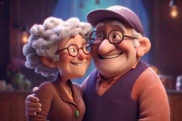 Senior elderly happy married couple, grandmother, grandfather, together, joint, AI generated art, retired, 3d animation render