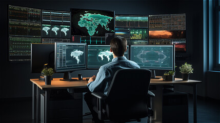 man in shirt back view sitting at desk with monitor screens on internet looking at map of world, spy hacking network, created with Generative AI Technology.