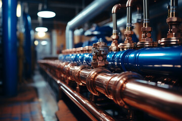 Plumbing service. copper pipeline of a heating system in boiler room. AI generative - obrazy, fototapety, plakaty