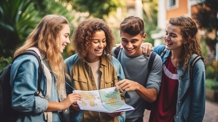 A group of young people friends or students of different nationalities are traveling together and looking at a guide map