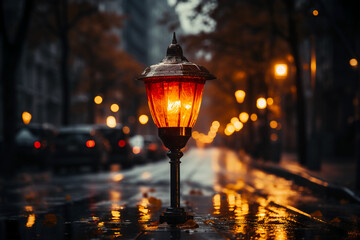 Warning lamp in the street at night. Red alert lamp or warning indicator. AI generative