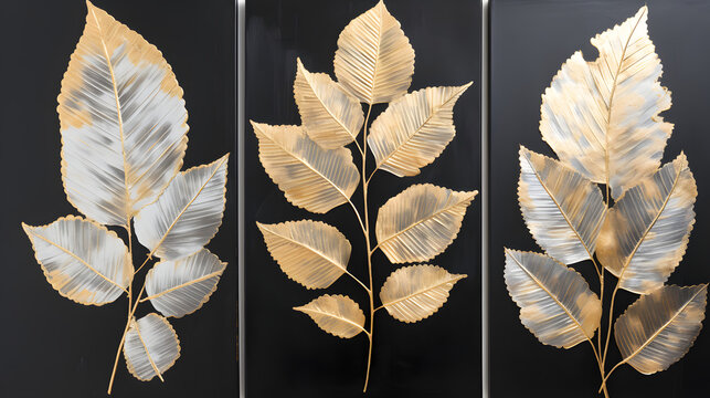 Set of three golden and silver tree leaves in modern painting background. Great for wall art and home decor. 
