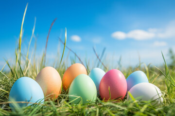 Colorful eggs on grass with blue sky background, with space for text