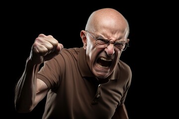 angry old man shouting and clenching his fists