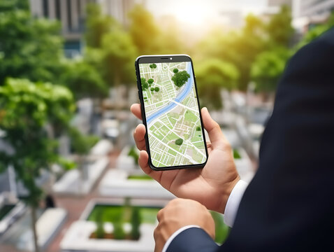 Male hand using smartphone GPS navigator. Discovering new destinations. Navigate the streets and explore cityscapes with modern technology, join the digital revolution of travel, high def photo