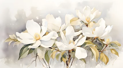 Gordijnen Golden white and gray flowers for wall canvas decor. White magnolia flower in watercolor  © Clipart Collectors