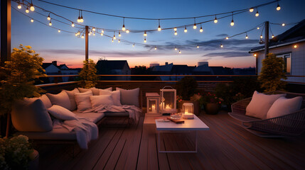View over cozy outdoor terrace with outdoor string lights. Autumn evening on the roof terrace 
