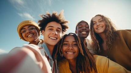 A group of young people friends of different nationalities taking selfies and smiling. Portrait, close-up. Group photo - obrazy, fototapety, plakaty