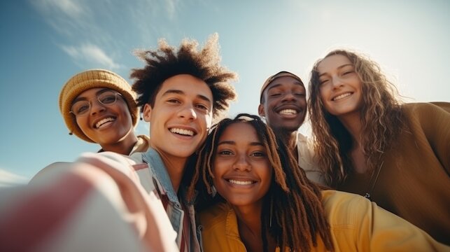 A group of young people friends of different nationalities taking selfies and smiling. Portrait, close-up. Group photo
