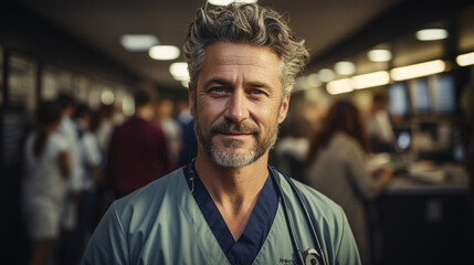 AI generated doctor in a hospital, looking calm and trust worthy