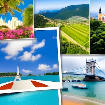 travel photos of different landmarks and tourism destinations on table
