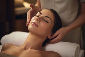 Fotobehang Massagesalon young woman receiving facial massage at spa