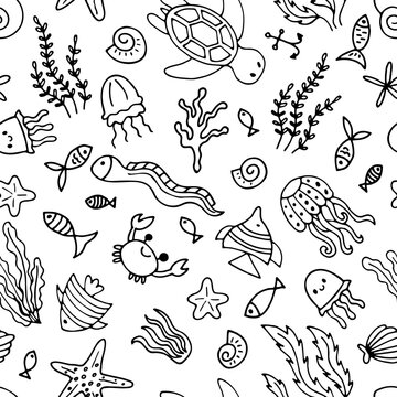 Hand drawn seamless pattern with underwater animals. Ocean, sea life. Nautical background