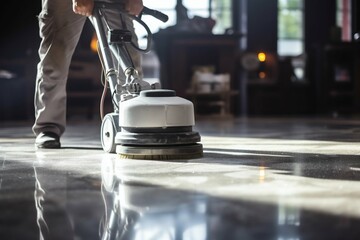 Janitor Cleaning Floor with Polishing Machine Indoors. Generative ai - obrazy, fototapety, plakaty