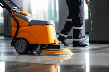 Janitor Cleaning Floor with Polishing Machine Indoors. Generative ai