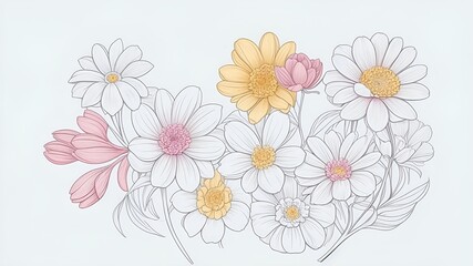 Drawing of Beautiful Flowers. White background. Digital art.