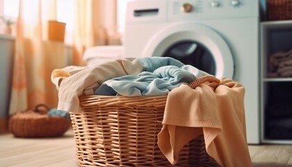 Wicker Basket with Washed Clothes on Bathroom Floor with Washing Machine in Background. Generative ai
