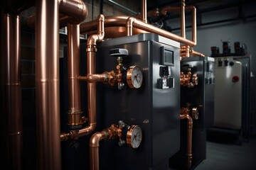 Boiler Room Equipment with Copper Pipeline of Heating System. Generative ai
