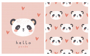 cute hand drawn panda bear, vector card and seamless pattern background, kids pink decorative greeting illustration with cute red hearts and hello word © CandyLama