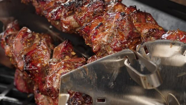 Tasty Marinated Meat Skewers on BBQ Rotisserie System