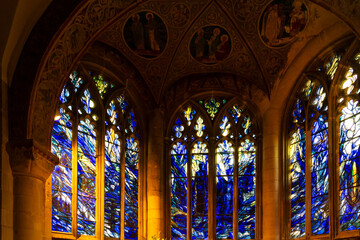 Blue stained glass windows in Gloucester cathedral