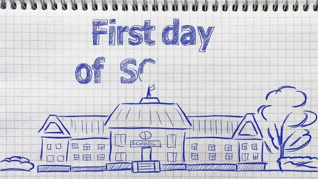 First day of School. Hand drawn and animated Back to School concept on a school notebook page.