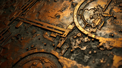 Clockwork Fractal Design: A Golden and Grungy Pattern of Circles and Cogs on a Metal Surface. Metal Gears and Cogs of a Retro Time Machine AI Generative