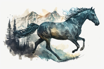 The horse gallops in the mountains. Illustration in watercolor style. Generative AI