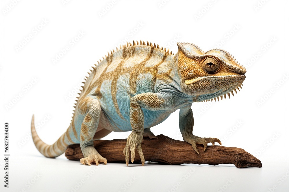 Poster chameleon sitting on a branch isolated on white background.