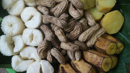 Polo pendem merah putih, is Javanese traditional food including cassava, sweet potatoes, peanuts, ose, banana with red white ribbon flag. Indonesia indpendence day celebration