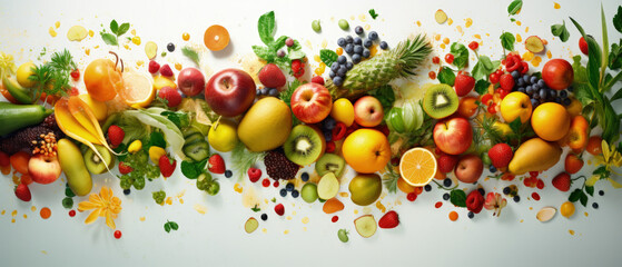 Obraz na płótnie Canvas Organic Forest Bounty: A Burst of Nourishment Through Fruits and Vegetables. Top-View, High-Resolution, Accentuated Product Illumination. 