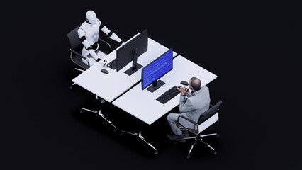 Humanoid AI Cyborg machine sitting in front of a working man in the office. 3D rendering illustration Smart factory, industry 4.0, M2M computer-aided manufacturing concept in 8k resolution
