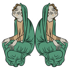
Symmetrical design with two sitting medieval women. Illuminated manuscript motif. Isolated vector illustration.