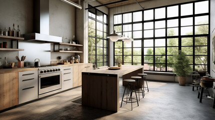 large kitchen in an industrial building with wood floors and large windows - Generative AI